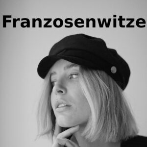 Franzosenwitze - party-sprüche.de - hübsche französische Frau mit Franzosenhut - Logo Franzosenwitze